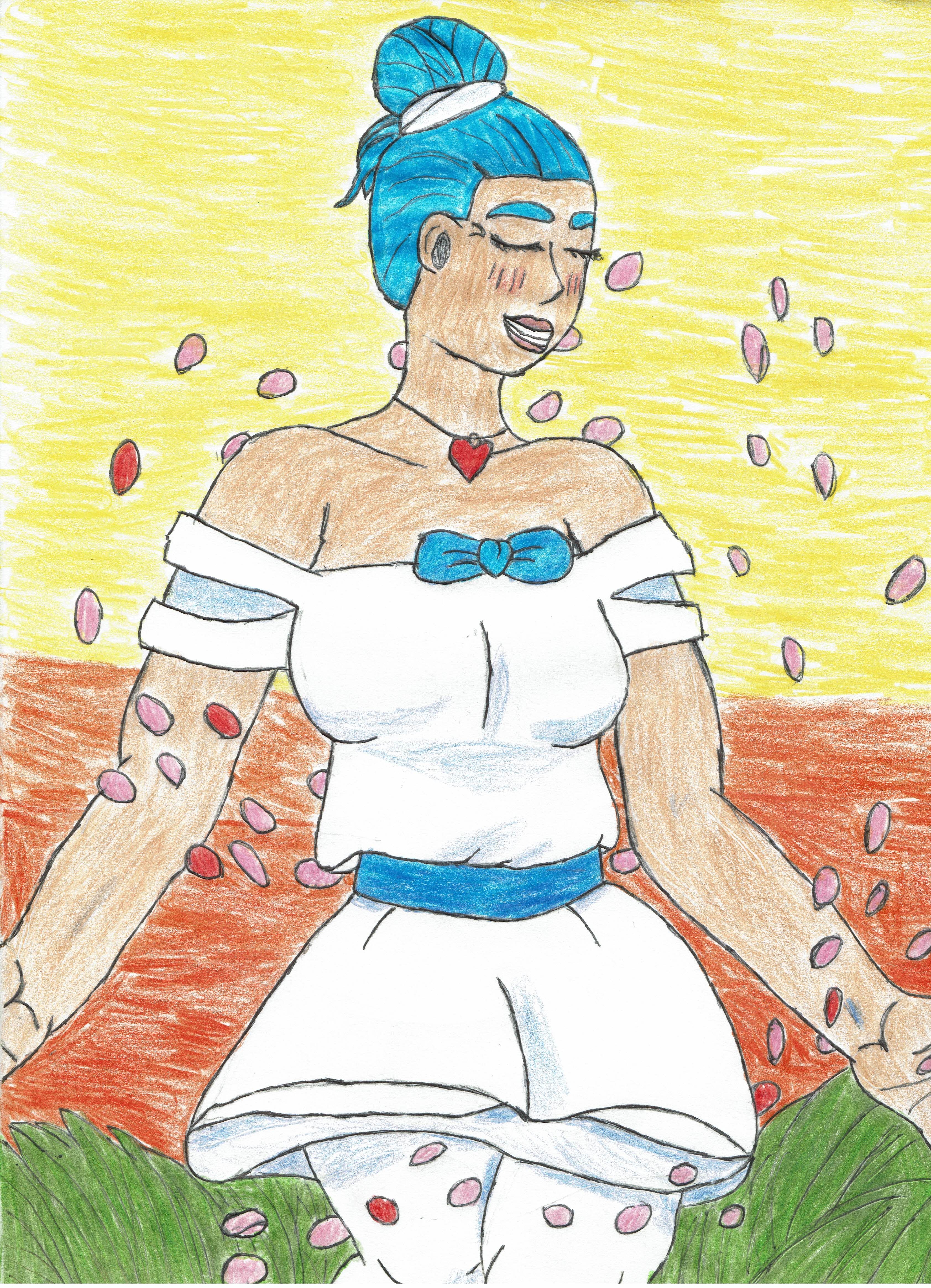 a pen and colored pencil drawing of a blue haired girl in a white dress, done as part of a Draw this in Your Style challence from Emilio Alcala